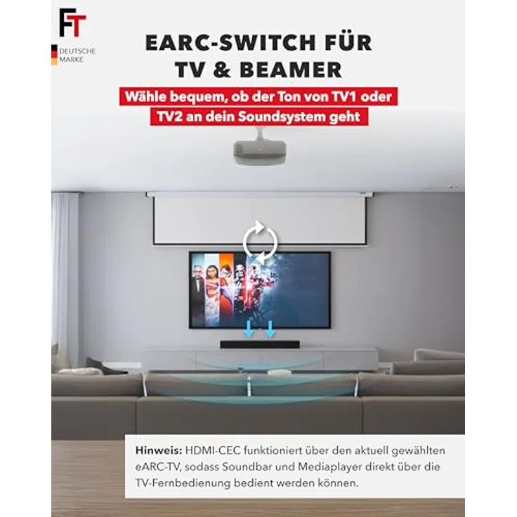 FeinTech AX341 HDMI 2.1 eARC Splitter Switch, 4 In 2 Out mit Audio Extractor, 8K 60Hz, 4K 120Hz, Downscaler, Auto-Switching, CEC-Funktion, Dolby Atmos, inkl. Toslink & AUX – Bild 5