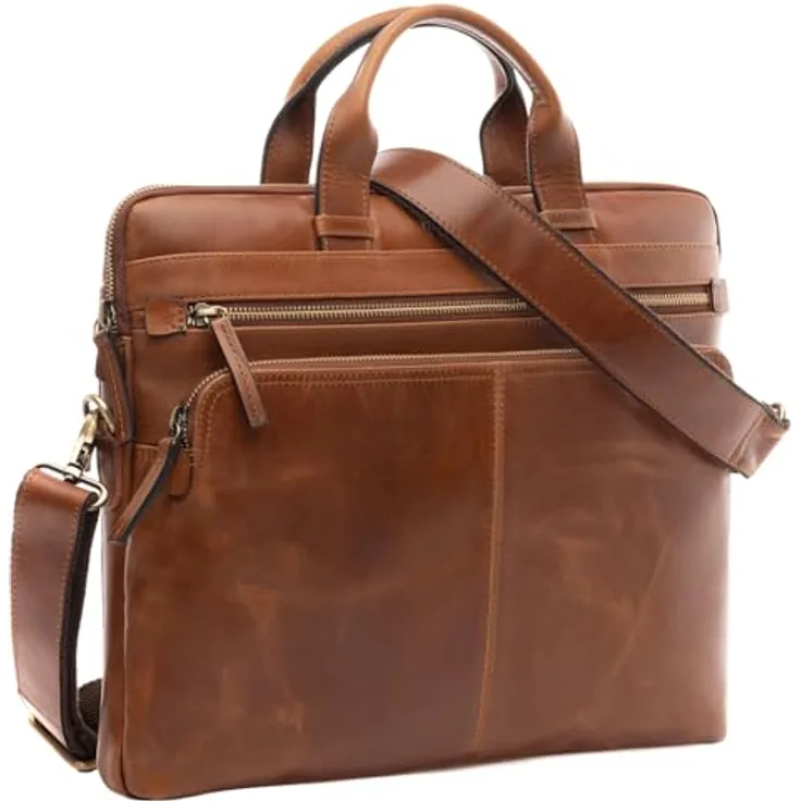 SID & VAIN große Laptoptasche schmal echt Leder - 14 Zoll Laptop Business-Tasche Carson - Umhängetasche Aktentasche mit Laptop-Fach - Ledertasche Herren und Damen braun handgefertigt