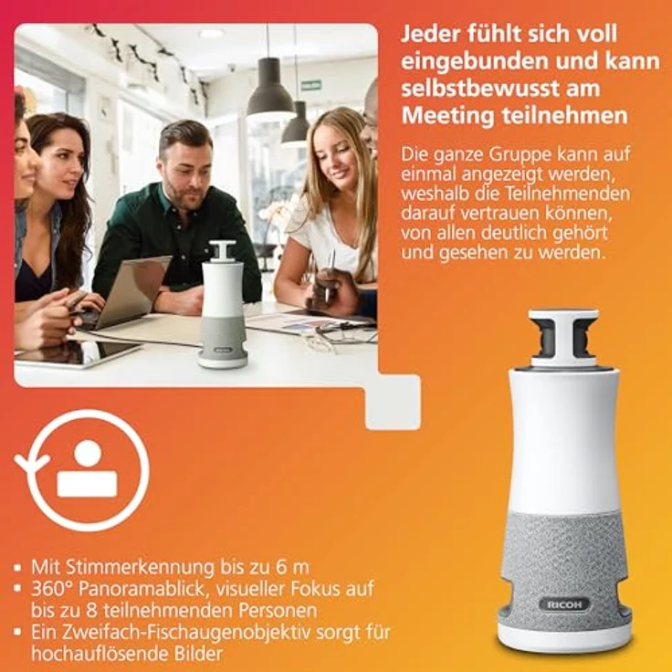 Ricoh 360 Meeting Hub, 3-in-1 Konferenzkamera/Mikrofon/Lautsprecher, 1920 x 1080, 360° Panoramasicht, 3,6 m/6 m Aufnahmebereich, HiFi-Audio, Plug-and-Play – Bild 4