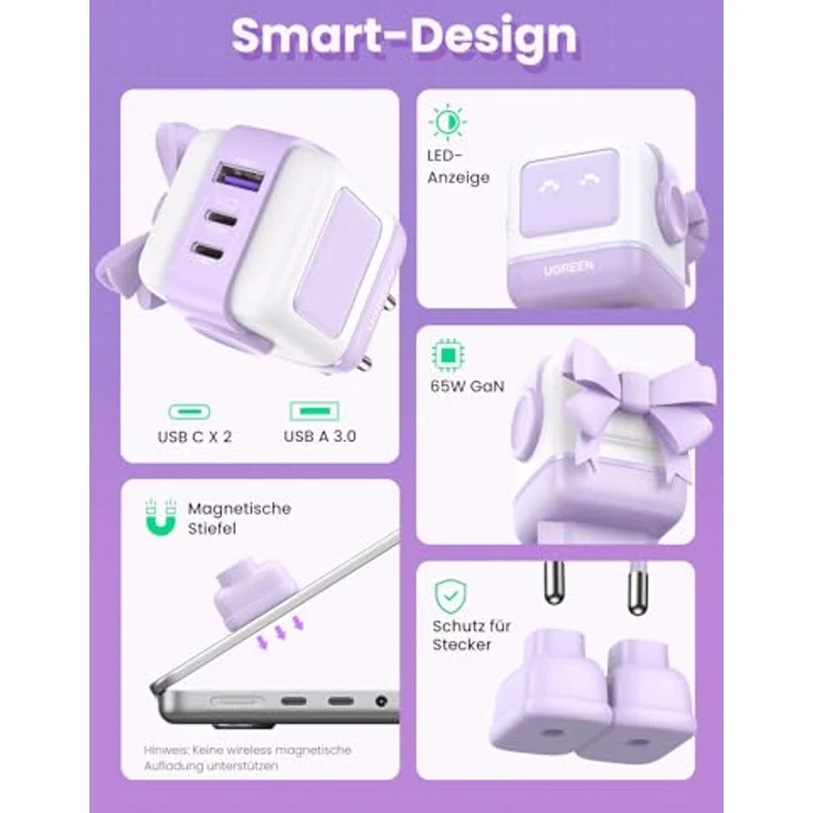 Ugreen Nexode RG (65 W), USB Ladegerät mit 2 USB-C- und 1 USB-A-Anschluss, Weiss und Violett, GaN-Technologie mit LED-Anzeige – Bild 6