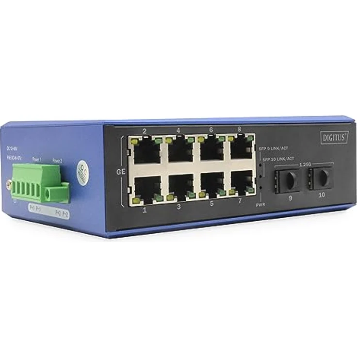 DIGITUS industrieller 10 Port Gigabit Ethernet Switch - 8 RJ45 Ports - 2 SFP-Ports - IP40 Schutzklasse - 10/100/1000 Mbps - Hutschienenmontage - schwarz/blau – Bild 1