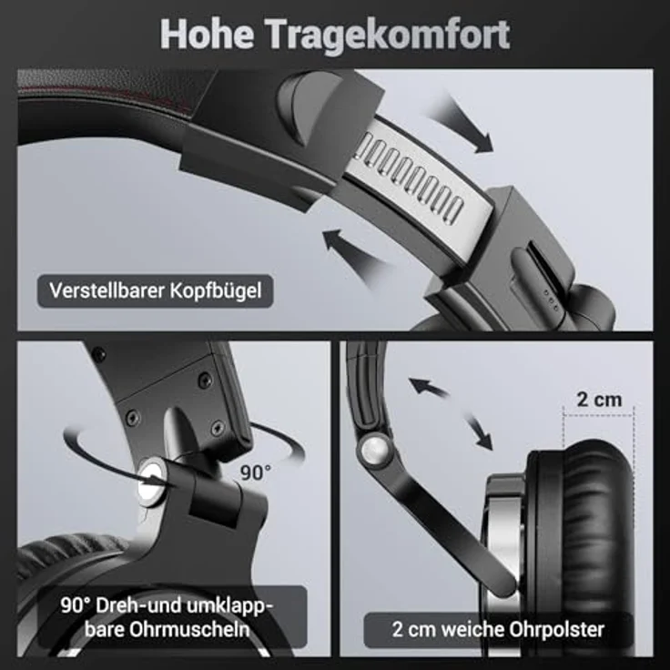 OneOdio Pro-10, kabelgebundene Kopfhörer mit Mikrofon, Hi-Res Audio, extra Bass, faltbar, DJ, kompatibel mit MP3, PS4, E-Gitarre, Klavier, Share-Port, zwei abnehmbare Kabel – Bild 3