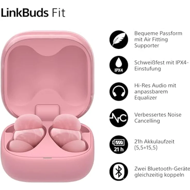 Sony LinkBuds Fit, Truly Wireless Noise Cancelling Bluetooth Earbuds, IPX4, 21h Akkulaufzeit, Umgebungsgeräuschmodus, Multipoint-Verbindung, iOS & Android, Rosa – Bild 2