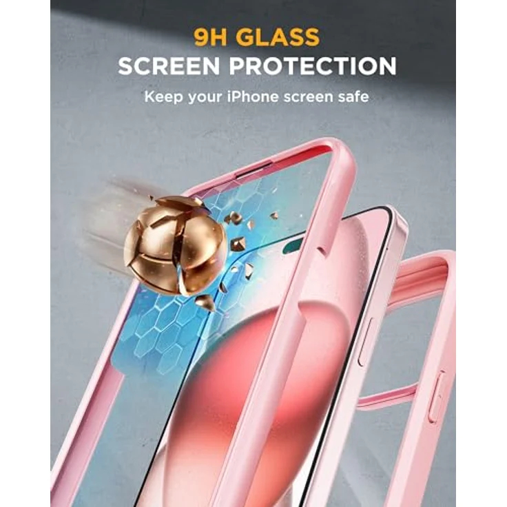miracase 360° Hülle für iPhone 15, Integrierter 9H Glas Displayschutz, Rosa – Bild 4