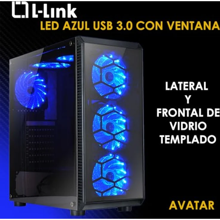 L-Link Avatar LED PC-Tower-Gehäuse, schwarz, mit 6 blauen LED-Lüftern und gehärtetem Glas – Bild 4