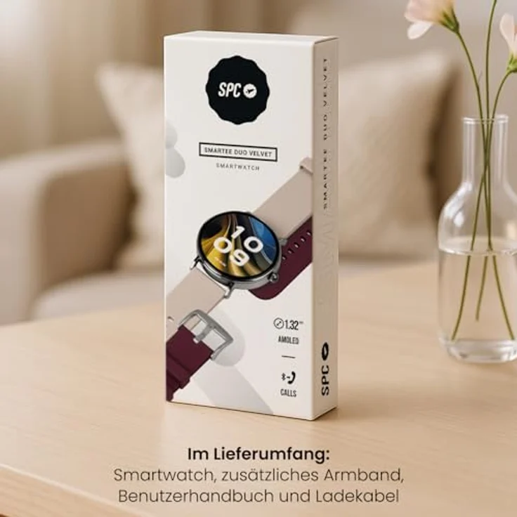 SPC Smartee Duo Velvet, Smartwatch 41mm AMOLED, Bluetooth, Silber mit weißer und burgunderfarbener Armband, IP68, SpO2, integrierter Pulsmesser – Bild 7