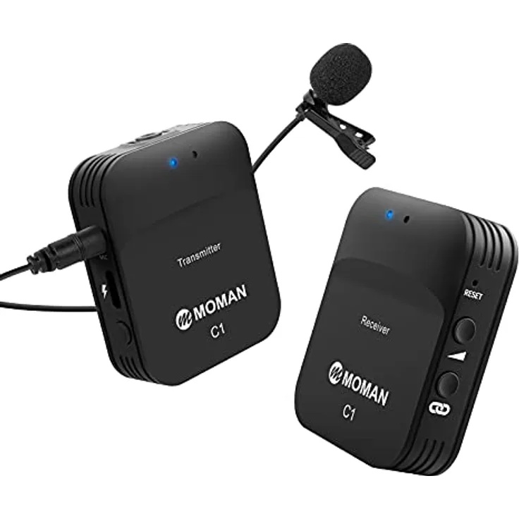 Moman C1 Lavalier Funkmikrofon, 2.4Ghx Kabellos Ansteckmikrofon System Wireless Microphone Mics, 70m Reichweite, Echtzeit-Überwachung für Interview Kamera DSLR Canon Sony Nikon Panasonic