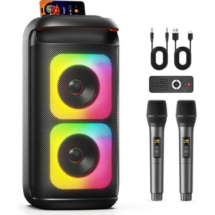 JYX T37-T Tragbarer Bluetooth-Speaker, 2 Funkmikrofone, kräftiger Bass, Disco-RGB-Licht, 8 Std. Spielzeit, schwarz