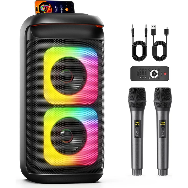 JYX T37-T Tragbarer Bluetooth-Speaker, 2 Funkmikrofone, kräftiger Bass, Disco-RGB-Licht, 8 Std. Spielzeit, schwarz