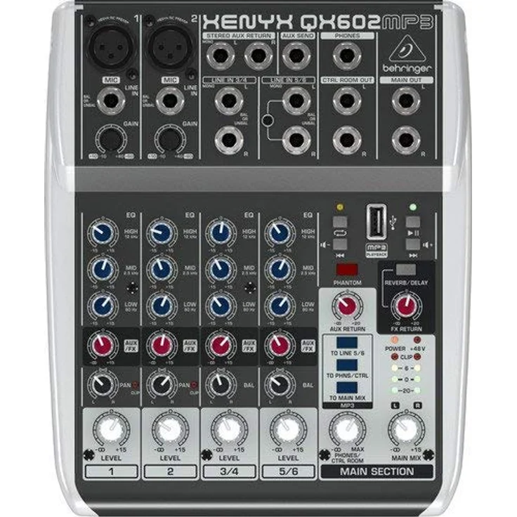Behringer XENYX QX602MP3 Premium 6-Input 2-Bus Mixer mit XENYX Mic Preamps, British EQ, MP3 Player und Multi-FX – Bild 2