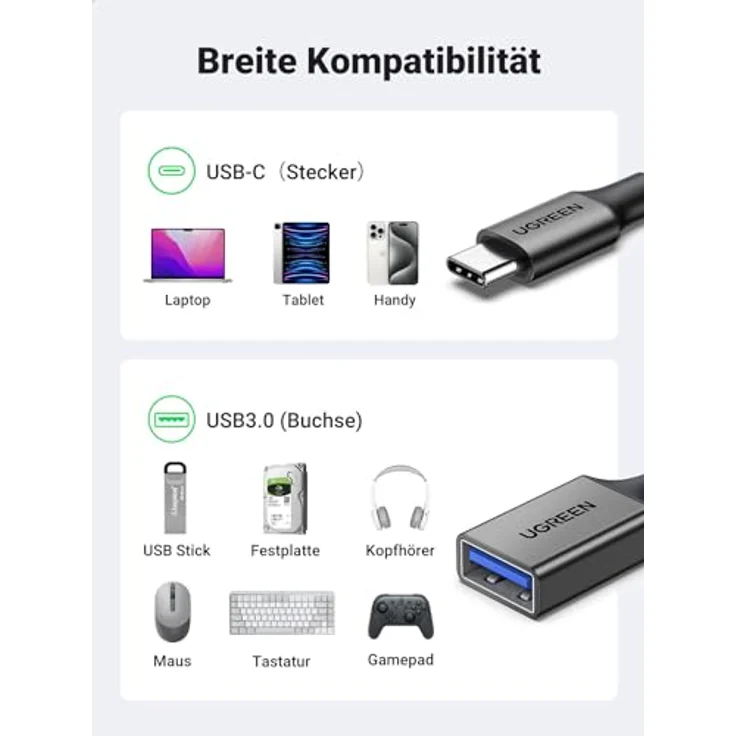 UGREEN USB C auf USB OTG Adapter, 10 Gbps Datenübertragung, kompatibel mit iPhone 17/16/15, iPad Pro, MacBook Pro, Galaxy S24/S23, Schwarz – Bild 4