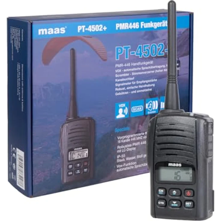 MAAS PT-4502 PMR-446 Handfunkgerät Wintec LP-4502+ mit SOS-Kanal, VOX-Funktion und robustem Design, leicht und spritzwassergeschützt – Bild 2