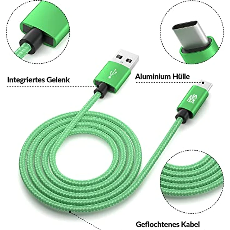 JAMEGA USB-C Kabel Nylon, 0,5m Schnell Ladekabel mit Hochgeschwindigkeits-Datentransfer bis zu 5 Gbps, kompatibel mit Samsung, Huawei, HTC, LG – Bild 4