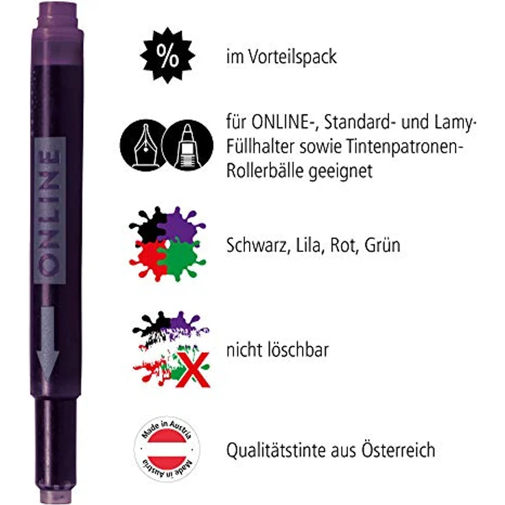 Online Bunte Kombi-Tintenpatronen (Universal-Patronen, kompatibel mit allen gängigen Füllern, auch Lamy-Füller, Ersatz-Patronen) 4er Pack rot, grün, schwarz, lila – Bild 2