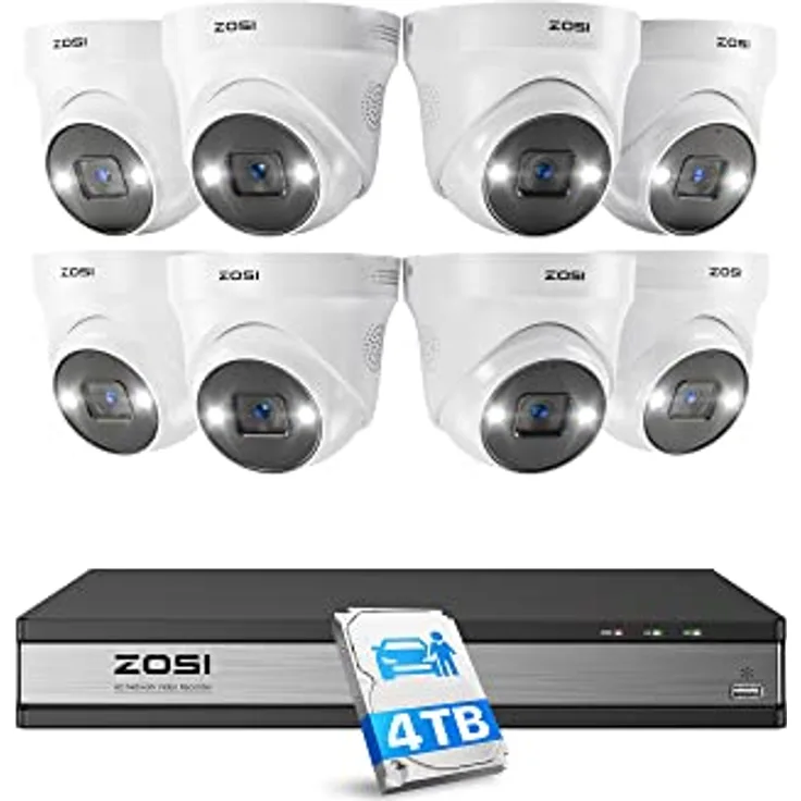 ZOSI 5MP Überwachungskamera Set, Farbnachtsicht, Personenerkennung, 4TB HDD NVR