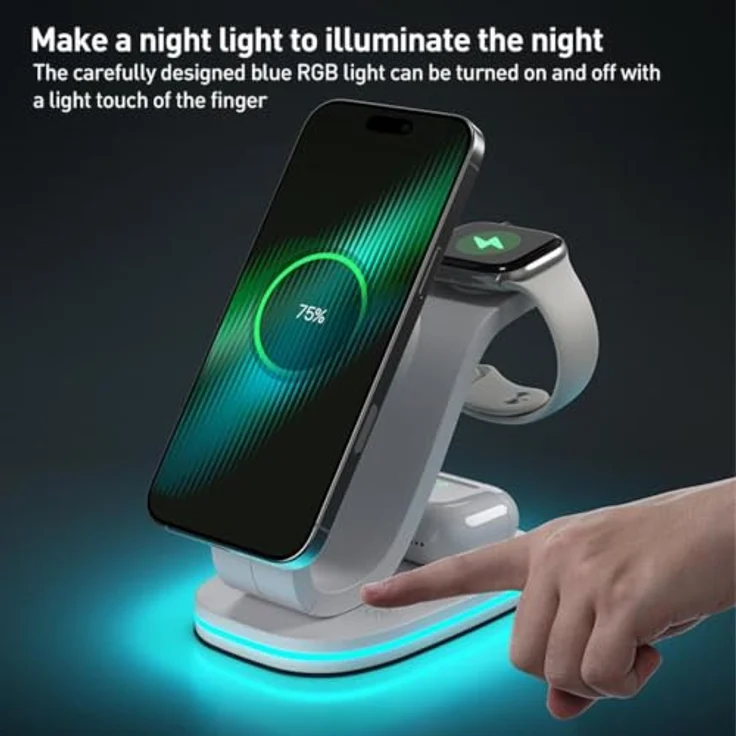 Wigento Universelle 3 in 1 Wireless Ladestation für Smartphone, Smartwatch und Kopfhörer, kompakt in Schwarz – Bild 5