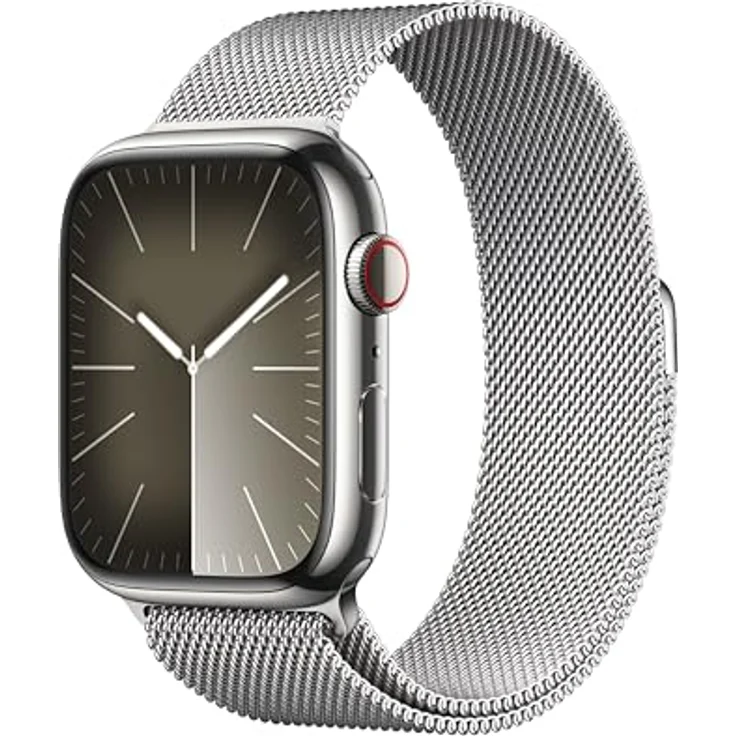 Apple Watch Series 9 GPS + Cellular, 45 mm Edelstahlgehäuse Silber, Milanaise Armband Silber – Bild 1