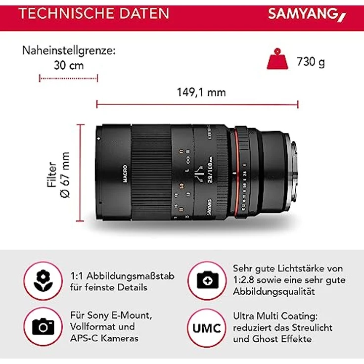 Samyang 100-2,8 Objektiv Marko DSLR Sony E manueller Fokus Fotoobjektiv, Makroobjektiv schwarz – Bild 2