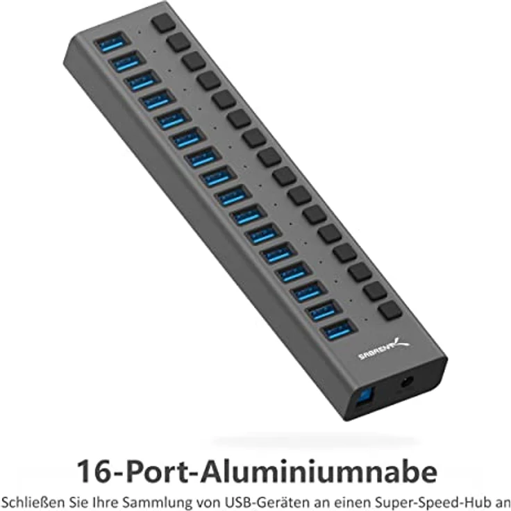 SABRENT 16 Port USB hub aktiv 3.2 gen1 und USB Ladegerät 90W Mehrfach Schnellladegerät mit Netzteil, USB Adapter,Verteiler Ladestation, Powered USB hub mit EIN/AUS-schaltern (HB-PU16) – Bild 2