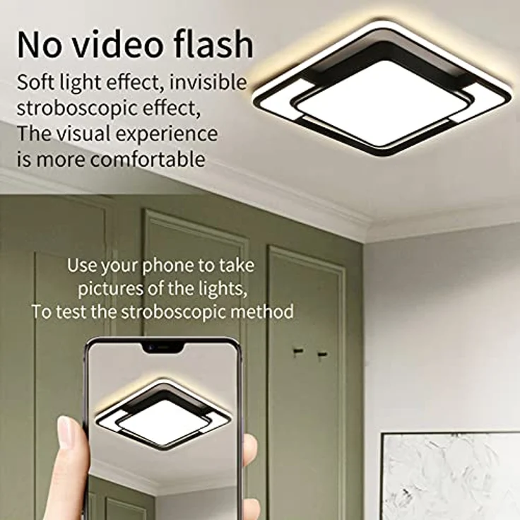 Style home Deckenleuchte LED Deckenlampe 90W, dimmbar mit Fernbedienung, 42 * 42 * 6cm, Schwarz – Bild 3