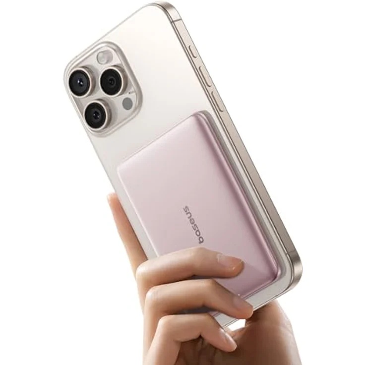 Baseus Magsafe Power Bank Ultra Slim, 5000mAh, Magnetische Powerbank für iPhone 16/15/14, 20W Schnellladung, LED-Display, Rosa – Bild 1