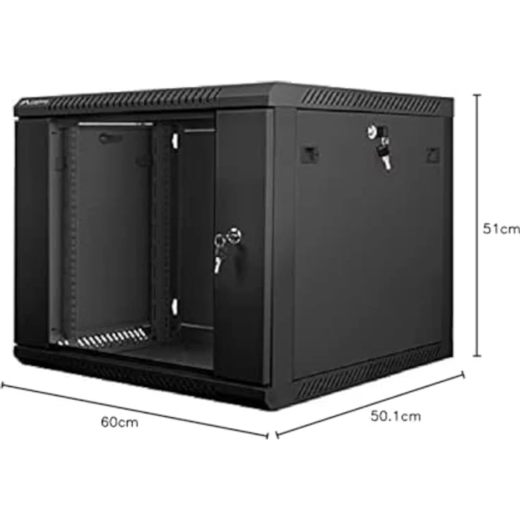 Lanberg WF01-6609-10B Rack 9U Wandmontiertes Regal Schwarz, Serverschrank aus Stahl und gehärtetem Glas, 60 kg Tragfähigkeit, IP20 – Bild 8