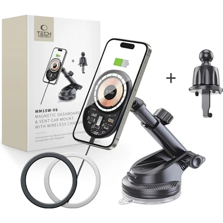 Tech-Protect MM15W-V6, Auto-Halterung mit 15W MagSafe Ladegerät für Dashboard und Lüftungsgitter, schwarz