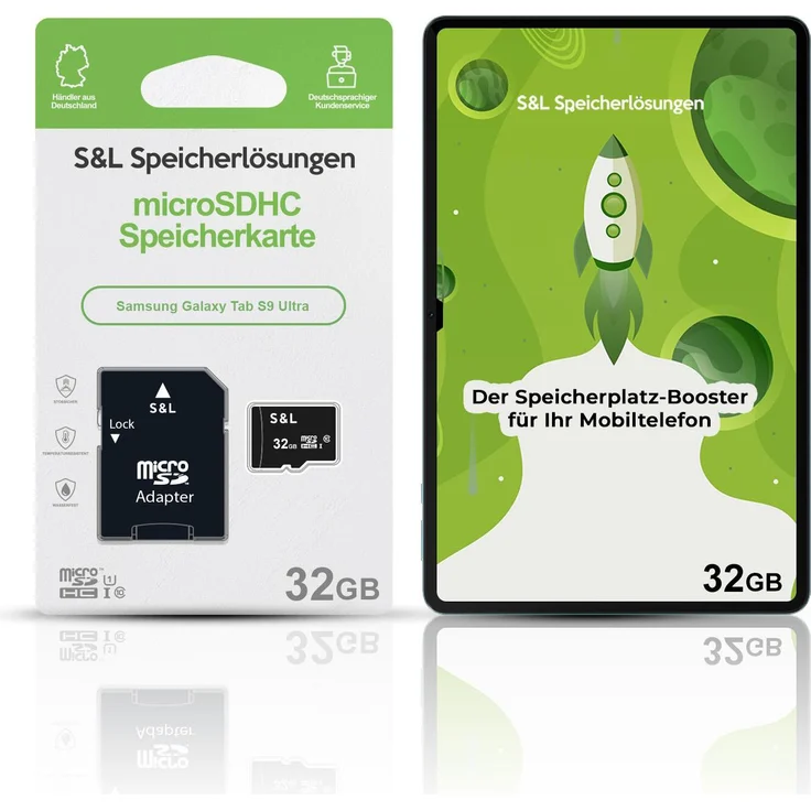 S&L microSD Speicherkarte 32GB für Samsung Galaxy Tab S9 Ultra, Class 10 U1, stoßsicher und wasserdicht