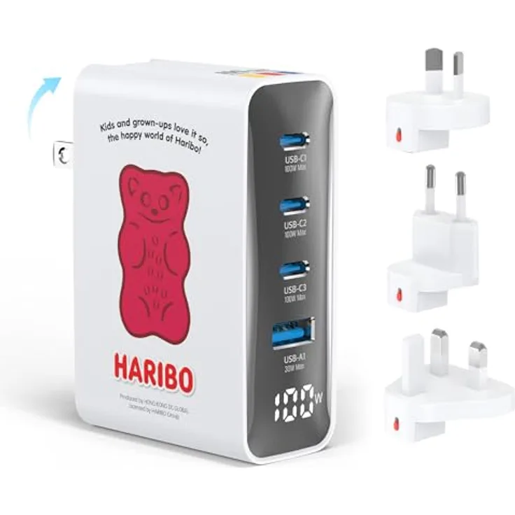 DCHK Haribo 100W Reiseadapter USB C Ladegerät, 4-Port GaN Travel Adapter mit UK/EU/AU Stecker, PD Schnellladegerät für MacBook Pro, Laptops, iPhone 16/15, Samsung Galaxy S25/S24, Rot