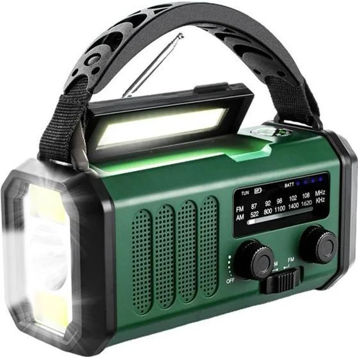 Lippa FM nødradio LPFMR03, Handkurbel mit Solarpanel, 10.000 mAh Powerbank, AM/FM Empfang, eingebauter Kompass, LED-Lampe, grün