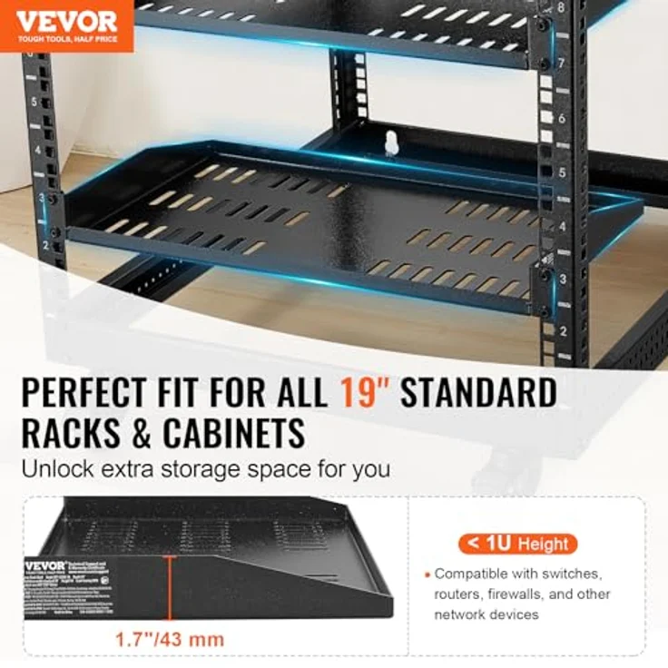 VEVOR 2er-Set 1U Fachboden aus Kohlenstoffstahl, 254 mm Tiefe, 22,68 kg Tragfähigkeit, optimierte Luftzirkulation für 482,6 mm Netzwerkschrank – Bild 2