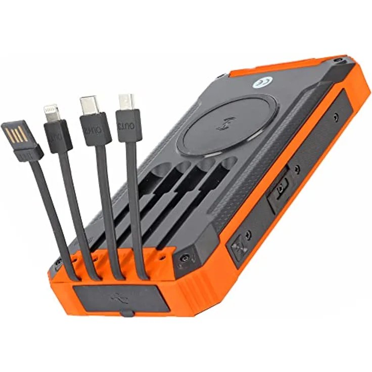 AccuCell 20000mAh Powerbank mit 4 Ladekabel, QI-Ladefunktion, Solar Panel, mit LED Licht in Schwarz