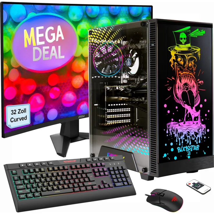 Hyrican GAMEMAX MegaDeal Rockstar SET02526, Desktop-PC mit Ryzen 5 5600GT, 16GB RAM, 1TB SSD, Radeon Graphics und MSI MAG 32C6 Curved Monitor, 32 Zoll Full HD, 180 Hz, 1 ms Reaktionszeit, Schwarz