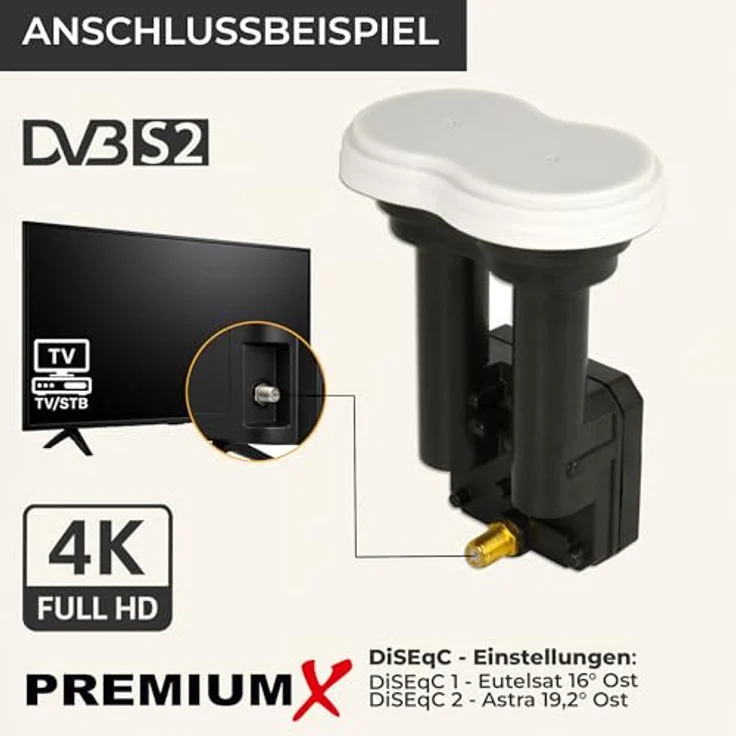 Premium X Monoblock Single PXMB-3S LNB, 0,1dB für Astra 19,2° und Eutelsat 16°, HDTV, FullHD, 3D, UltraHD 4K tauglich für 80-85cm Schüssel, 1 Teilnehmer – Bild 6