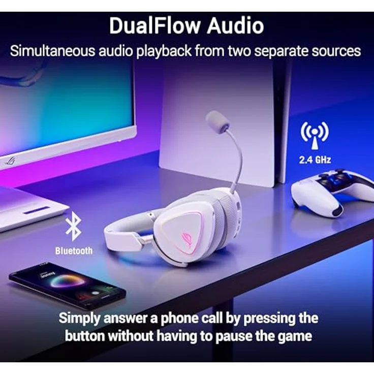 ASUS ROG Delta II White, kabelloses RGB Gaming Headset mit ROG SpeedNova, Bluetooth, 2,4 GHz, 10 mm Boom-Mikrofon, 110h Akkulaufzeit, Aura Sync, weiß – Bild 4