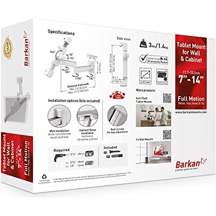 Barkan Tablet Halterung für 7-14 Zoll Geräte, BodenständerSchwenkbar/Neigbar/Vollbewegung, 360 Grad drehbare, für iPad, Samsung Tab, Fire HD und mehr, wandhalterung, T72, White – Bild 4