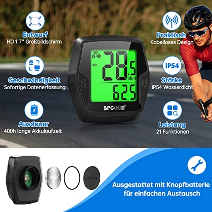 SPGOOD Fahrradcomputer Kabellos, 21 Funktionen, IP54 Wasserdicht, Hintergrundbeleuchtetes Display, Automatischer Start/Stopp, HD-Tacho mit Langzeitbatterie und Aerodynamischem Design – Bild 2