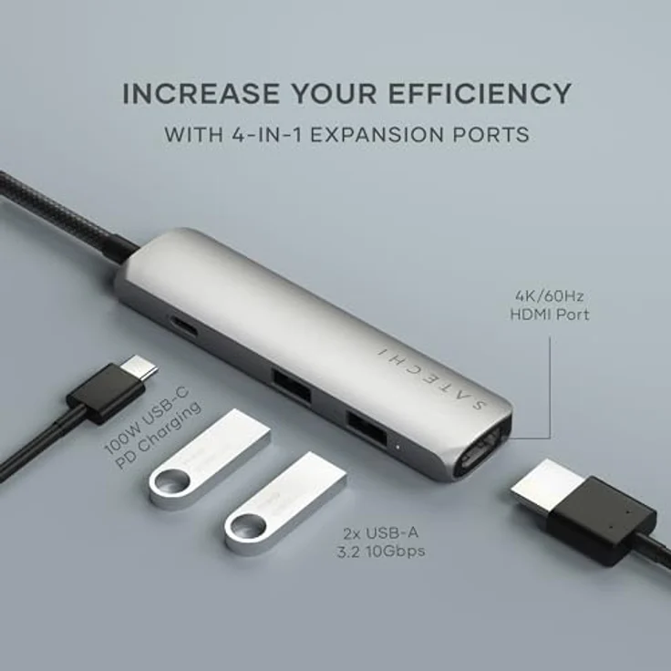 SATECHI 4-in-1 USB-C Hub Slim Plus, Multiport-Adapter, Dockingstation mit 4K HDMI, 100W Power Delivery, 2X USB-A Datenports – Space Grau – Bild 2
