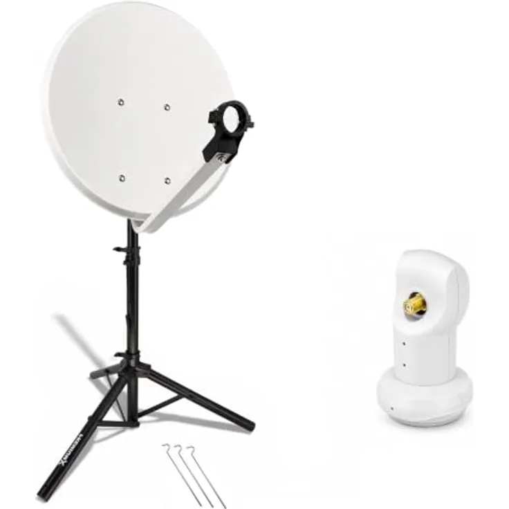 PremiumX Mobile Camping Satelliten-Komplettanlage 60cm Hellgraue Antenne SAT Single LNB 4K mit Dreibein-Stativ und Stahl-Heringen