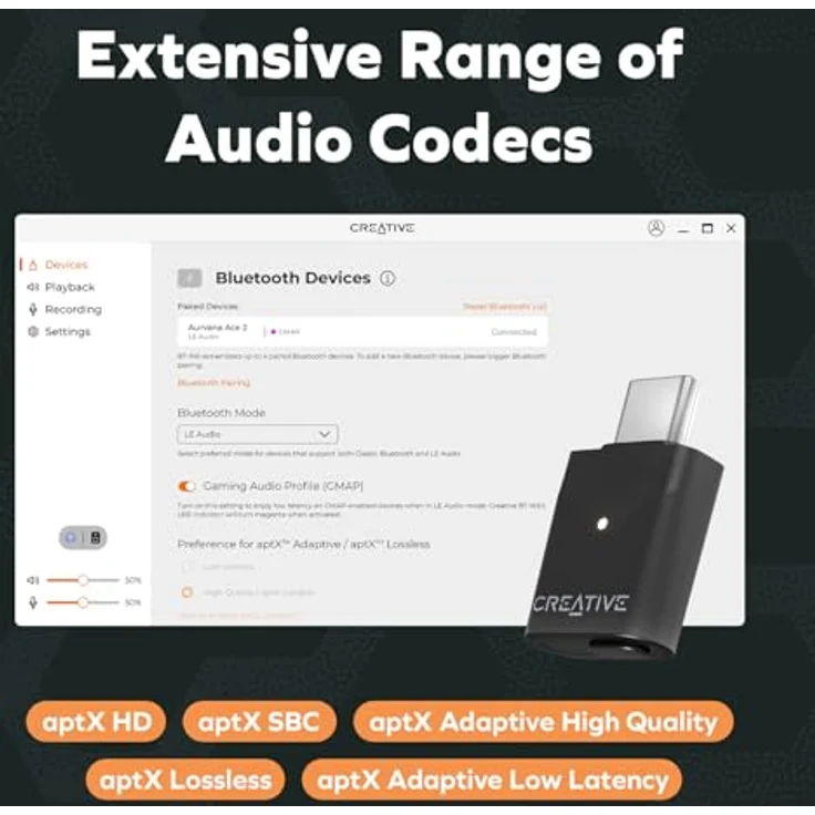 CREATIVE BT-W6 Kabelloser Bluetooth 5.4- und LE-Audiosender mit Snapdragon-Sound, verlustfreiem aptX, geringer Latenz und bis zu 24-Bit/96-kHz-Audio, funktioniert mit PC/Mac/Spielkonsolen – Bild 2
