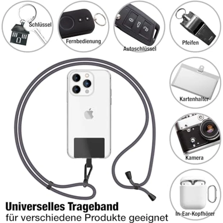 Nalia HoldMe Air Handykette Universal Smartphone, verstellbares Uni Lanyard mit Karabiner (schwarz), 160 cm, inkl. 2 Pads für Full-Cover Hüllen – Bild 4