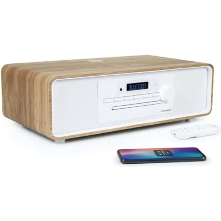 Thomson Micro-Hi-Fi-System MIC301IBT, Bluetooth-Lautsprecher in Weiss und Holz, 10 W RMS-Leistung, FM- und digitales UKW-Radio, Bluetooth, USB-Anschluss, Induktionsladefunktion – Bild 4