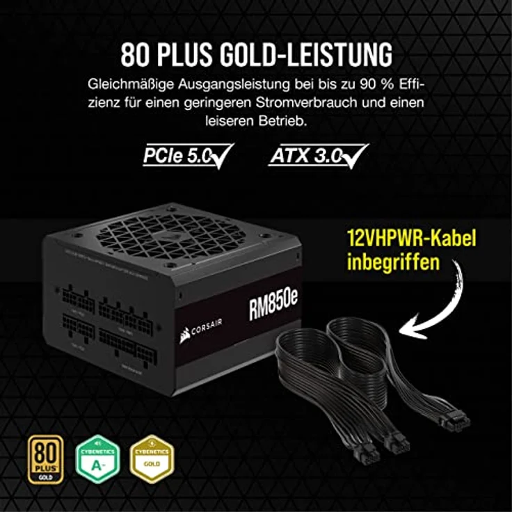 Corsair RM850e (2023) Vollmodulares, Geräuscharmes ATX-Netzteil - ATX 3.0- Und PCIe 5.0-kompatibel - 105°C-Kondensatoren - 80 Plus Gold-Effizienz - Modern Standby-Unterstützung - Schwarz – Bild 3