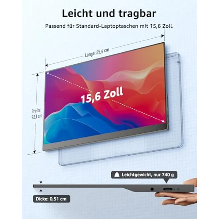 Yodoit Portable Monitor 15,6 Zoll FHD 1920x1080P, Tragbares IPS Display mit USB-C & HDMI, Schutzhülle & Lautsprecher, Mobiles Screen für PC, Xbox, PS5, Switch – Bild 2