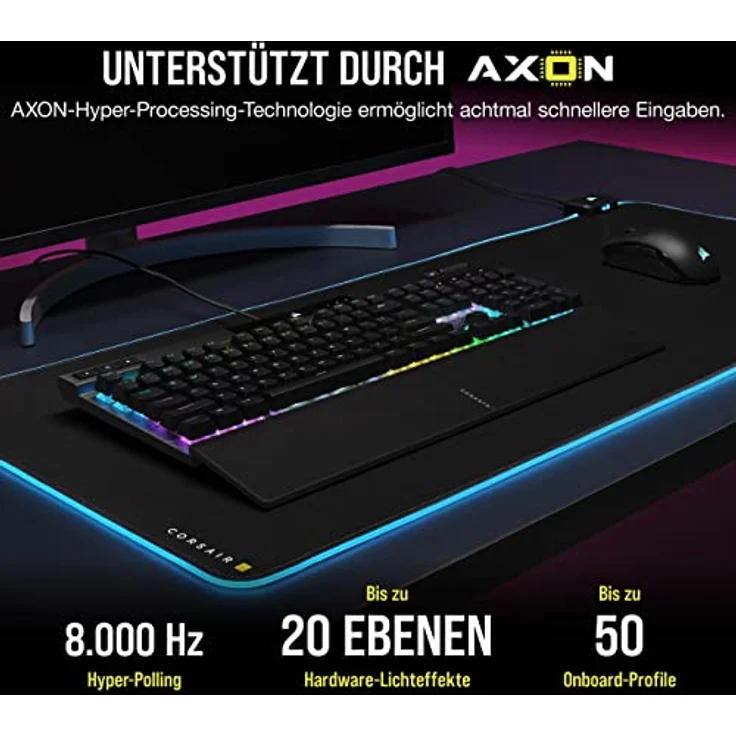 Corsair K70 RGB PRO Mechanische Kabelgebundene Gaming-Tastatur (CHERRY MX RGB Speed, 8.000Hz Hyper-Polling, PBT DOUBLE-SHOT PRO-Tastenkappen, Soft-Touch-Handballenauflage) QWERTZ, DE - Schwarz – Bild 4