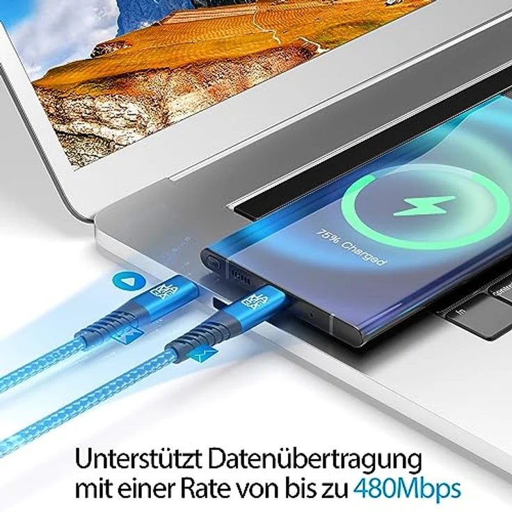 JAMEGA - USB Typ C Kabel Blau 0,5m | Fast Charge Sync für iPhone 15 Pro Max iPad Pro Air Samsung Macbook Tablets Huawei uvm. – Bild 2