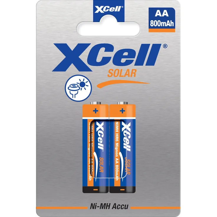 XCell Solar Accus X800AA Ni-MH 1,2V / 800mAh, wiederaufladbarer Akku für Solar-Gartenleuchten, blau und orange, 2er Pack