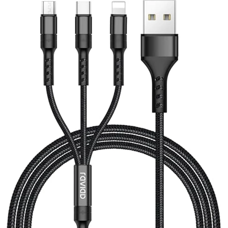 RAVIAD Multi USB Kabel 1.2M, 3 in 1 Schnellladekabel mit Micro USB, USB Typ C und Lightning, Nylon ummantelt, hohe Ladegeschwindigkeit, für Android und iPhone – Bild 1