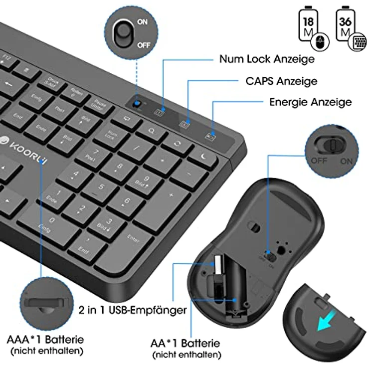 KOORUI Tastatur und Maus Kabellos, Leise Maus Tastatur Set Deutsches Layout QWERTZ mit 12 Funktionstasten 2.4 GHz Tastatur Maus Set für Windows,MacOS,Linux-Schwarz (Batterie Nicht Enthalten) – Bild 5