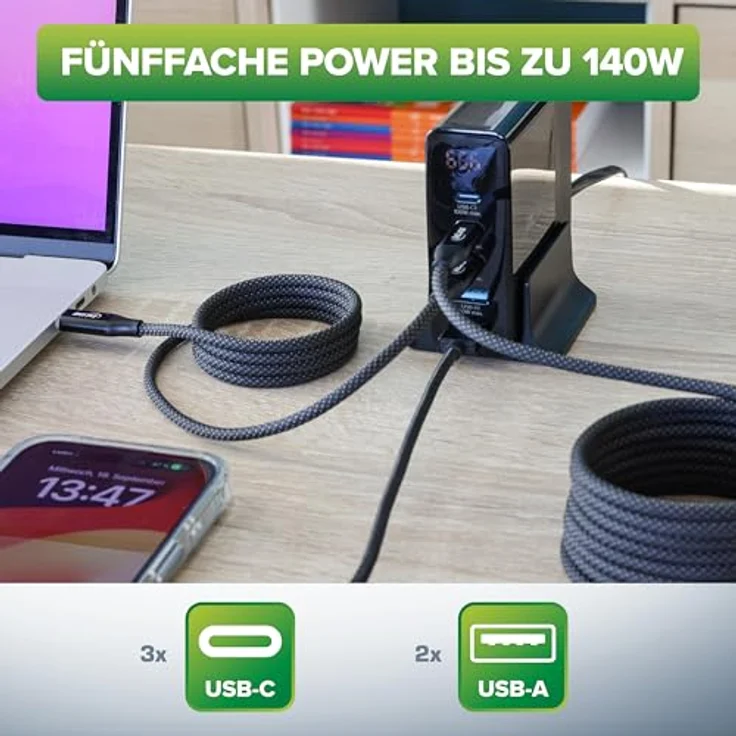 InLine USB-Ladegerät 5-Port GaN 140W Schnellladegerät PD3.0 QC3.0 mit digitalem Display, 3X USB-C + 2X USB-A, Netzteil für iPhone/Pro/Mini, Samsung - Schwarz – Bild 3